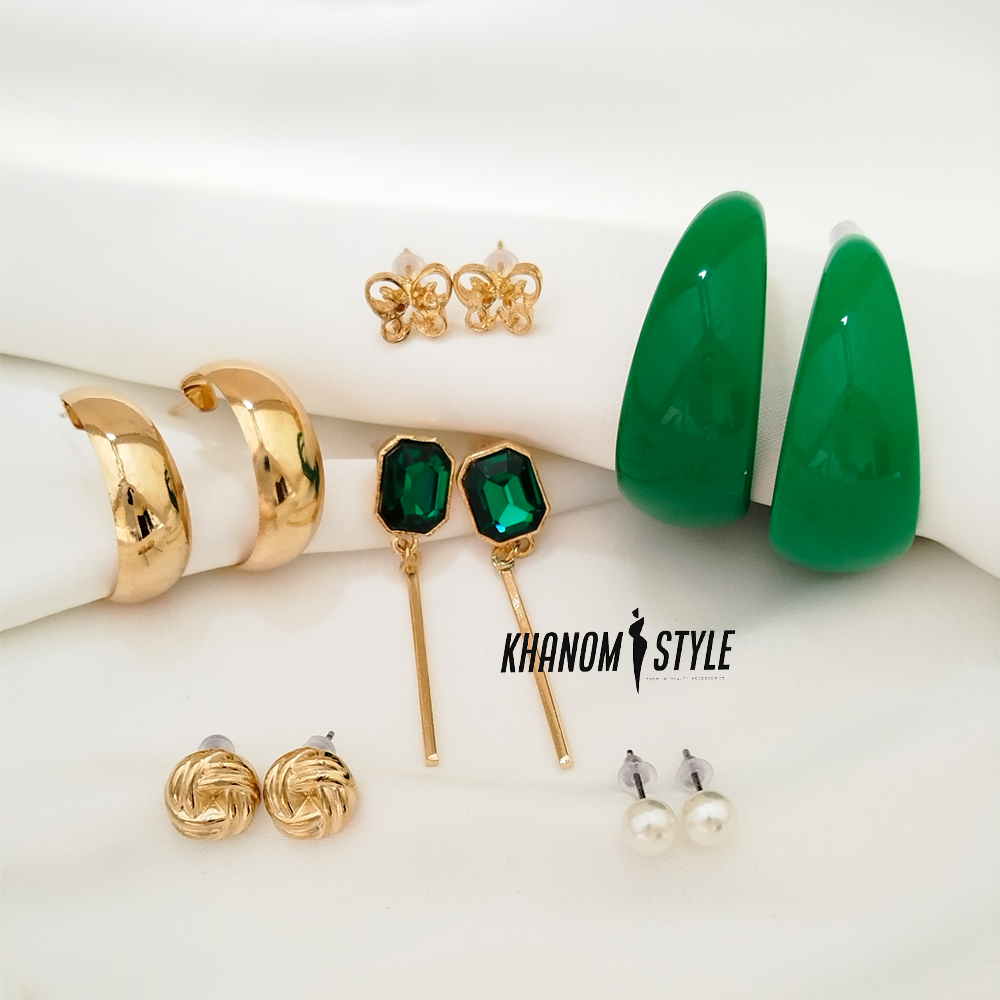 پک گوشواره زنانه با طرح های متنوع(طلایی-مرواریدی-سبز زمردی) E901T1 