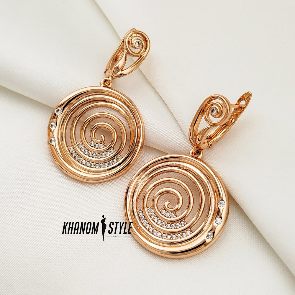گوشواره آویز ژوپینگ طرح مارپیچ دایره‌ای نگین‌دار E602 