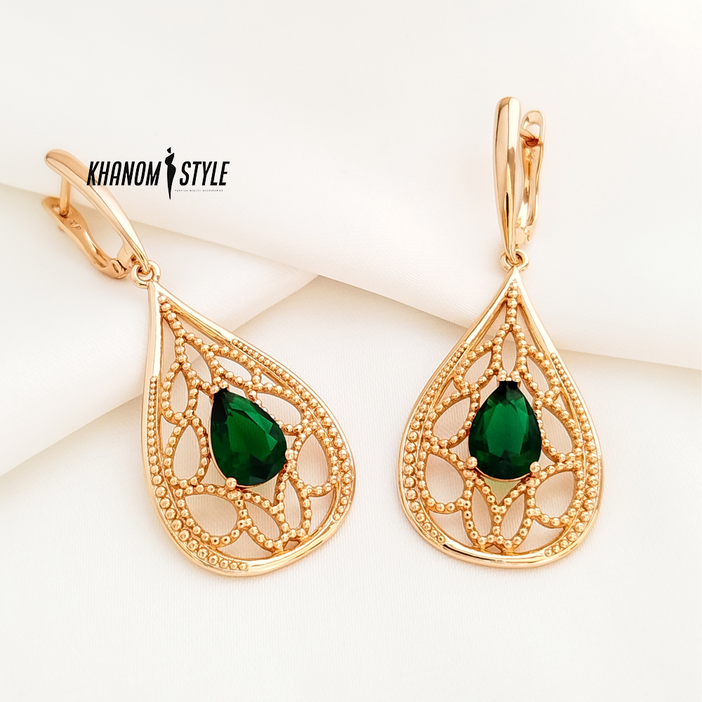 گوشواره ژوپینگ طرح اشک نگین زمردی E7042 